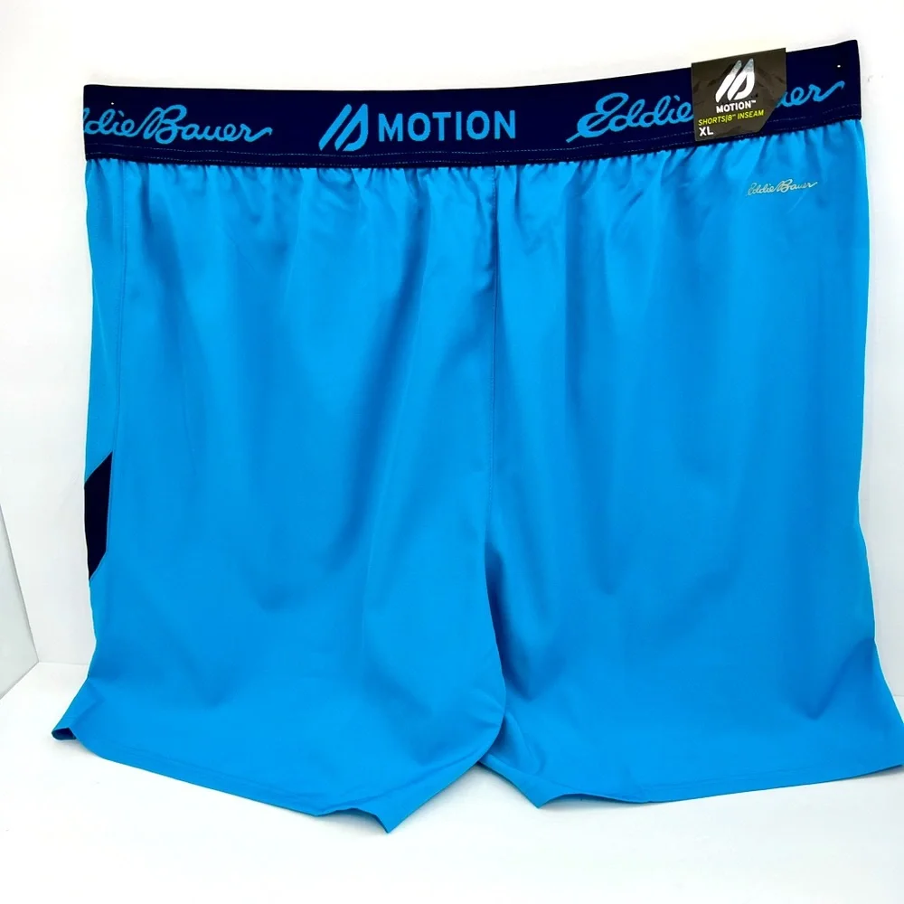 EDDIE BOUER LARGE GYM SHORTS BLUE MOTION TO MOVE, 4 WAY STRETCH MOISTURE WICKING
